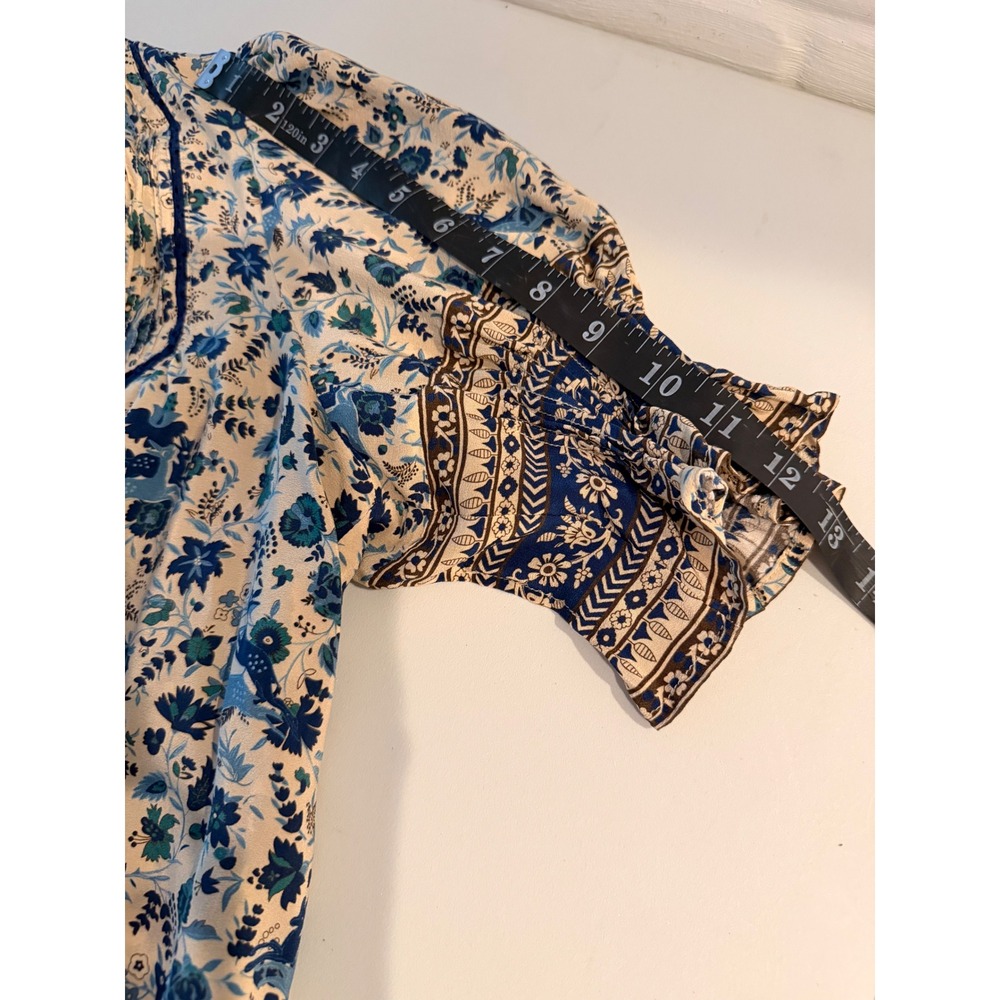Sea New York Doe Print Blue Floral Silk Puff Sleeve Tassel Blouse Top Size 4 - Picture 8 of 11